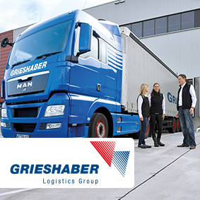 Camión de Grieshaber Logistics Group delante del centro logístico